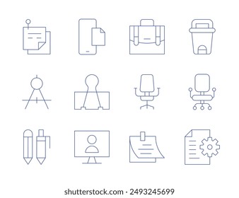 Iconos de Office. Estilo de línea delgada, trazo editable. nota adhesiva, pluma, archivo, bin, silla, Clip de papel, brújula, notas, en línea, documento, maletín.