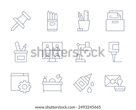 Office icons. Thin Line style, editable stroke. glue, pencilcase, settings, desk, stationery, videoconference, storage box, push pin, study, mail, pencil holder.