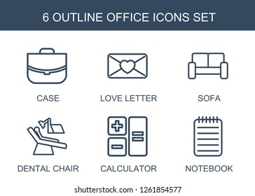 office icons. Trendy 6 office icons. Contain icons such as case, love letter, sofa, dental chair, calculator, notebook. office icon for web and mobile.