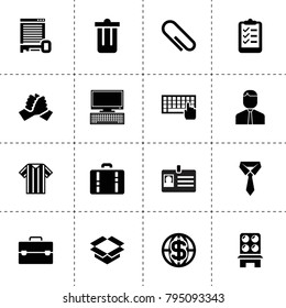 Office icons. vector collection filled office icons. includes symbols such as tie, handshake, paper clip, keyboard, trash bin, list. use for web, mobile and ui design.