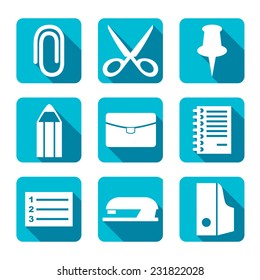 Office icons. Vector collection of modern flat square web icons with long shadows.