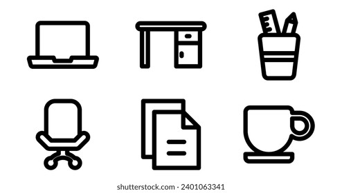 Office Icons.  Vector Graphics Featuring Designs of laptop, desk, files, coffee mug, chair, pen holder. Icon Set in Bold Style
