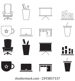 Office icons vector graphics featuring designs of laptop, desk, files, coffee mug, chair, pen