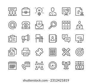 Office icons. Vector line icons set. Business, workplace, work concepts. Black outline stroke symbols