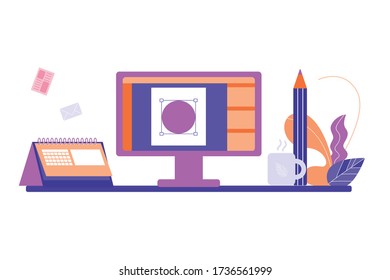 Office-Abbildung. Desktop mit einem Bild eines Computers, Kalender, Drucken.