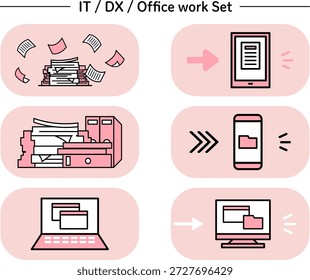 IT Office-Illustrationssatz: Visualisierung des DX-Workflow-Übergangs von papierbasierten Verwaltungsaufgaben zu digitalem Management 