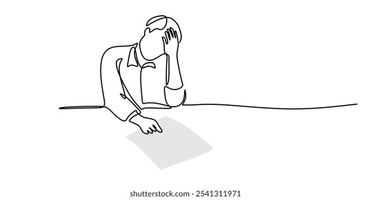 Office individuals depicted as tired or frustrated in a continuous one line drawing. Concept related to psychology. Minimalist hand-drawn illustration.