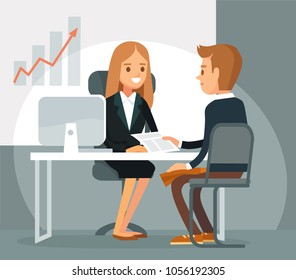 Office indoor space interior with manager speaking with new client. Business insurance negotiations, talks with investor client broker. Employee reports to the boss on business meeting with partner