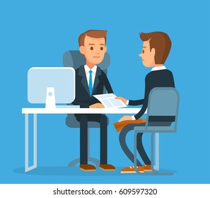 Office indoor space interior with manager speaking with new client. employee reports to the boss on business meeting with partner