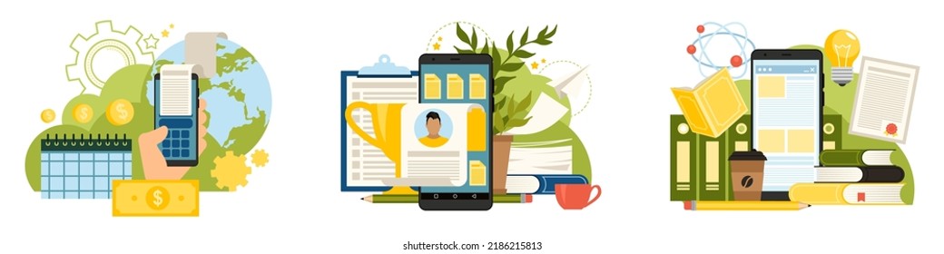 Office infographic set. Smartphone, money, files, folders, computer, books, reward and other office items. Office workflow. Flat vector illustration