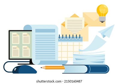 Office infographics. Computer, folders, documents, letters and stacks of papers. Successful completion of business tasks. Office work process. Flat vector illustration