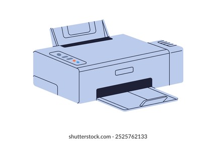 Impressora a jato de tinta para impressão de documentos. Dispositivo de impressão e cópia de papel, tecnologia laser. Dispositivo multifuncional. Copiadora e máquina de digitalização. Ilustração de vetor plano isolada no plano de fundo branco