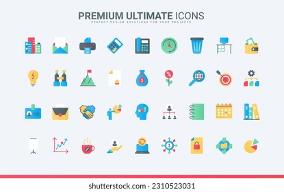 Office innovation in statistics system and target marketing, time management and finance projects. Business vision, success company mission trendy flat icons set vector illustration