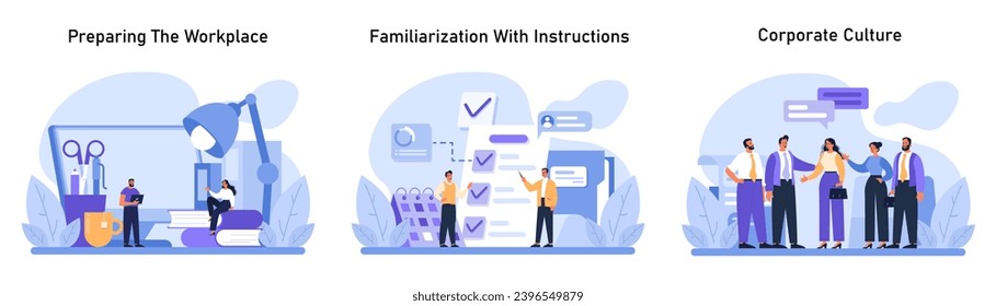 Office integration set. Employees organize a workspace, learn procedural guidelines, and share in company values. Preparing desk, understanding tasks, building relationships. Flat vector illustration.