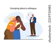 Office interaction. Team communication scene. Female colleagues gossiping, mocking, commenting on a man. Coworkers talking behind the back. Flat vector illustration