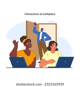 Office interaction. Team communication scene. Work process cooperation and casual talk of employees at workplace. Jobflow and corporate relations in modern company. Flat vector illustration