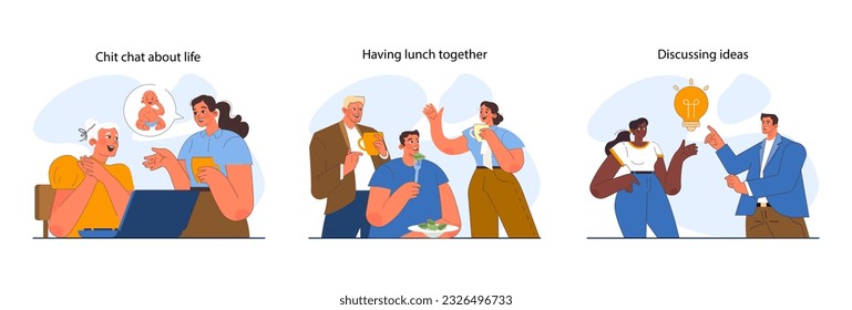 Office interactions set. Team communication scenes. Work process cooperation and casual talk of employees at workplace. Jobflow and corporate relations in modern company. Flat vector illustration