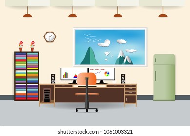 office interior analyze share graph financial business with two compute screen on the table flat design cartoon vector illustration