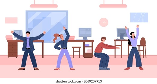 Office interior backdrop with company workers doing various sport exercises, flat cartoon vector illustration. Workplace fitness training and office sport workout.