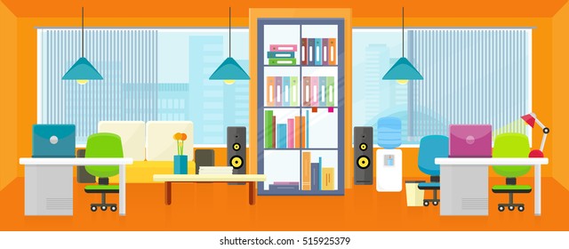 Office interior background in flat. Modern workspace with furniture, computers, coffee machine. Room with orange walls against the window.