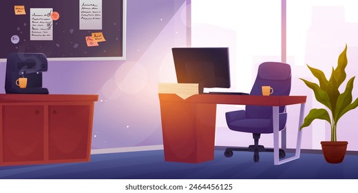 Office interior background. Home boardroom, training. Cartoon illustration conference, whiteboard. Design business room. Flower, table and armchair. Computer and coffee maker. Vector modern space