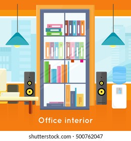 Office interior background. Modern office interior with desktop, bookcase with folders, audio speakers, water cooler in flat. Interior office room. Modern office room against the window. Office space