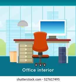 Office interior background. Modern interior with desktop in flat design. Interior room. Modern office room against the window. Office space. illustration of office. Working place