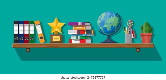 Office interior background with shelves, ring binders, pile of books, pencils, scissors pen, globe, cactus, folders, awards trophy. Vector illustration in flat style