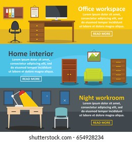 Office interior banner horizontal concept set. Flat illustration of 3 office interior vector banner horizontal concepts for web