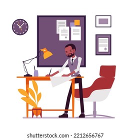 Office Interior, Black Businessman Working At Desk. Motivated Designer Organizing House Work Place, Employee In Remote Work Environment, Productivity. Vector Creative Vibrant Botanical Illustration