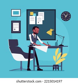 Office Interior, Black Businessman Working At Desk. Motivated Designer Organizing House Work Place, Employee In Remote Work Environment, Productivity. Vector Creative Vibrant Botanical Illustration