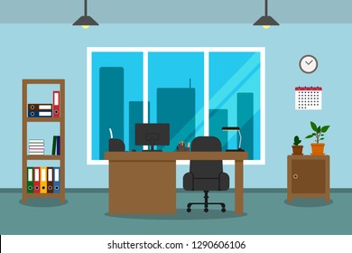 Office interior with blue wall, big window and view of skyscrapers. Vector illustration.