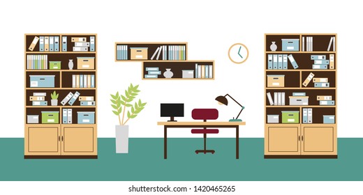 Office interior with book shelves, bookcases, chair, computer on the desk and clock on the wall. Moden workplace in flat stile. 
