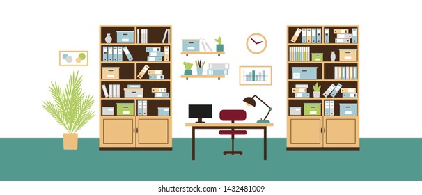 Office interior with book shelves, bookcases, chair, computer and lamp on the desk and clock on the wall  in flat stile.  Vector illustration.
