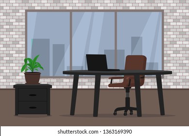 Office interior with brick wall. Vector illustration.