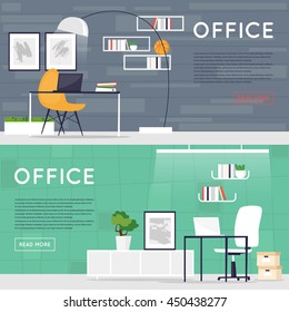 Office interior. Business, designer workspace. Working Place. Co working. Open space. Flat design vector illustration. Banners.