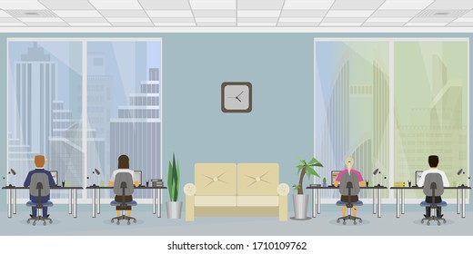 Office interior. business workplace or workspace. Office workplace with people. Vector illustration.