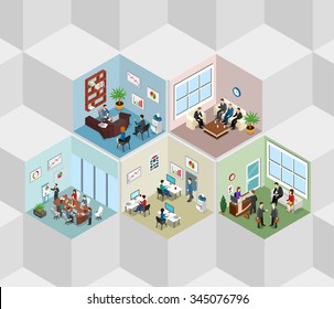 Office Interior Cells Flat 3d Isometry Isometric Concept Web Vector Illustration. Boss Meeting Report Manager Reception Room. Creative People Collection.