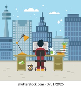 Office interior with city window view. Workspace concept. Vector illustration