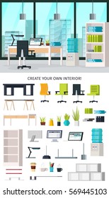 Office interior composition with elements for consctruction your own workplace isolated vector illustration