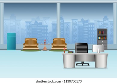 office interior with compute screen on the table  flat design and building in City blue background vector illustration