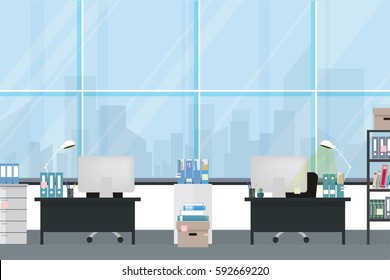 Office interior with computers, furniture and documents - vector