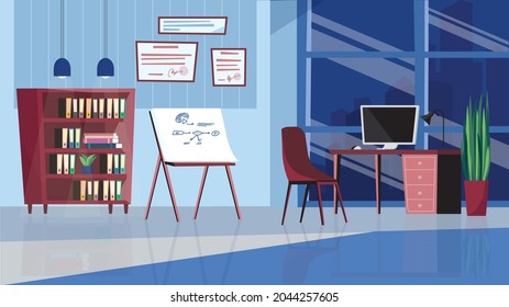 Office Interior Concept In Flat Cartoon Design. Employee Workplace With Work Desk, Chair, Desktop Computer, Presentation Board, Bookcase, Wall Certificates. Vector Illustration Horizontal Background