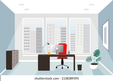 Office interior concept. Flat style. Modern business workspace with office furniture: chair, desk and computer. Vector illustration.