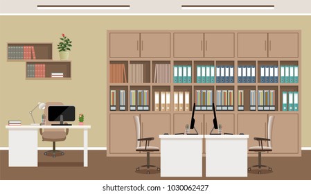 Office interior concept. Workplace design with three workplaces and office furniture like tables, laptops, armchairs. Working indoor room template without people. Flat style vector illustration.