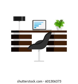 Office interior with dark wooden table, chair, laptop, plant and table lamp vector illustration.