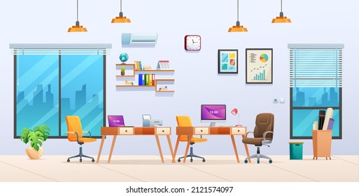 Office interior design cartoon illustration