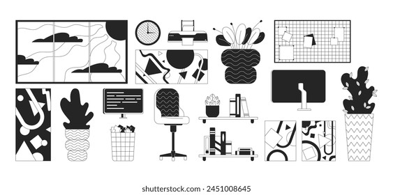 Detalles de diseño de interiores de oficina blanco y negro 2D línea de dibujos animados conjunto de objetos. Colección de elementos de esquema de Vector aislados de Workplace essentials. Espacio de trabajo manteniendo ilustraciones monocromáticas de punto plano