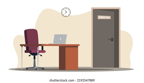 Diseño interior de oficina con puerta, mesa, monitor portátil y silla cómoda. Área de trabajo, lugar de trabajo, mobiliario moderno. Ilustración vectorial.