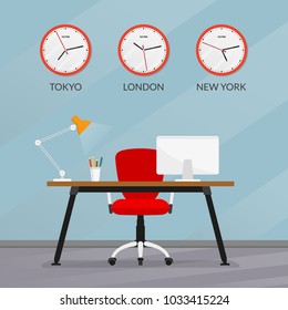 Office interior design. Modern business workspace with office chair, desk, computer monitor and wall clock set with different time zones. Vector illustration.